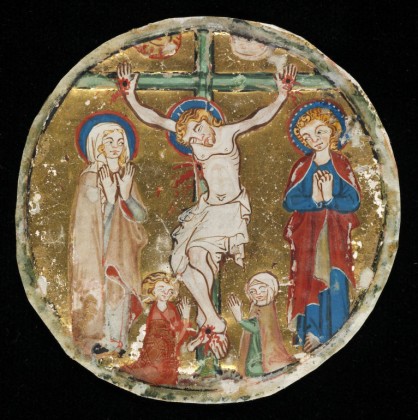 Buchmalerei: Miniatur mit der Kreuzigung Jesu Christi, Illustration einer liturgischen Handschrift, ausgeschnitten aus dem Graduale (Choralbuch für den liturgischen Wechselgesang) aus dem  Dominikanerinnenkloster St. Katharinental bei Diessenhofen   